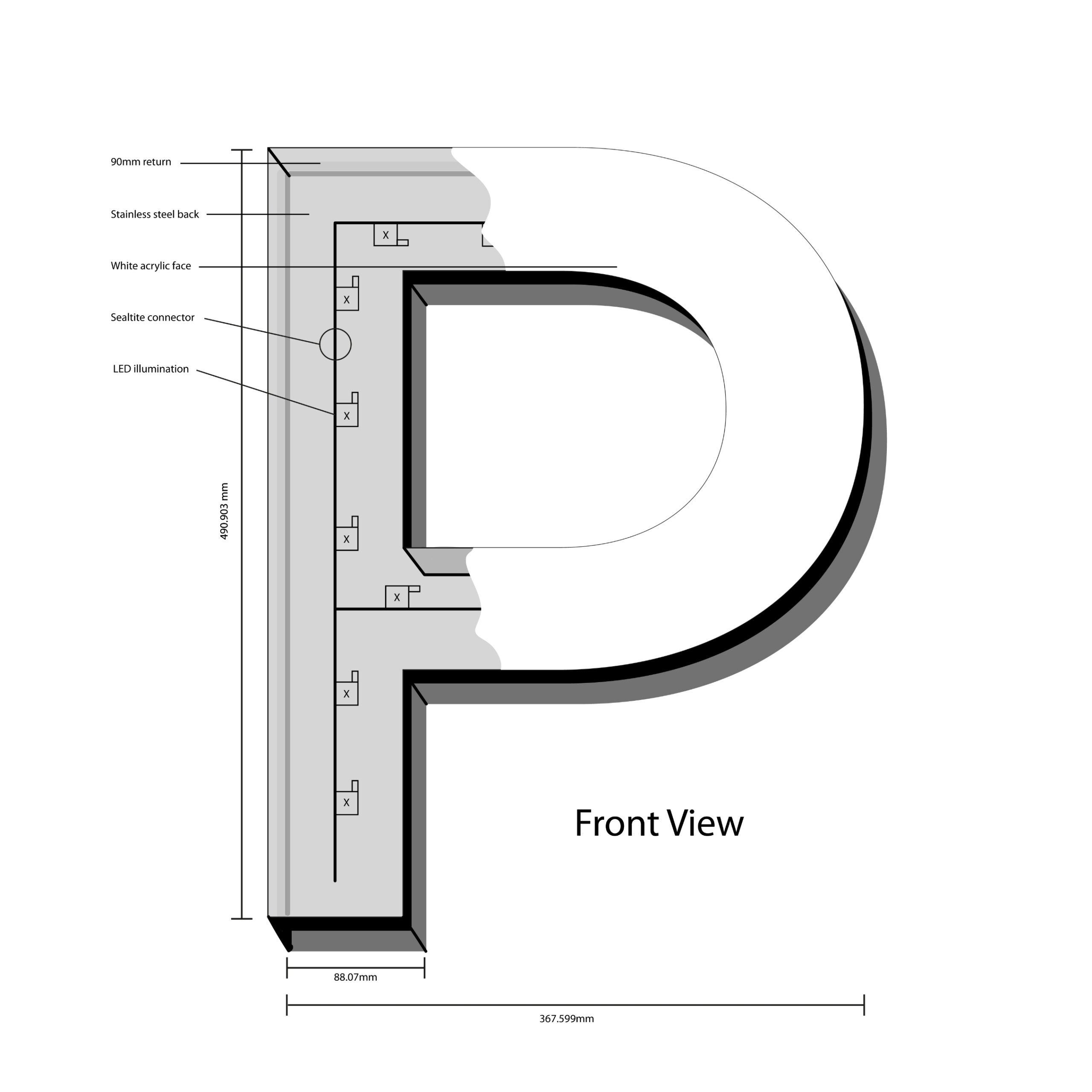Front view of a vertical cross‑sectional device showing a white acrylic face, stainless steel back, LED illumination, sealant connector, and curved outer edge with dimension lines (367.6 mm by 88.1 mm).