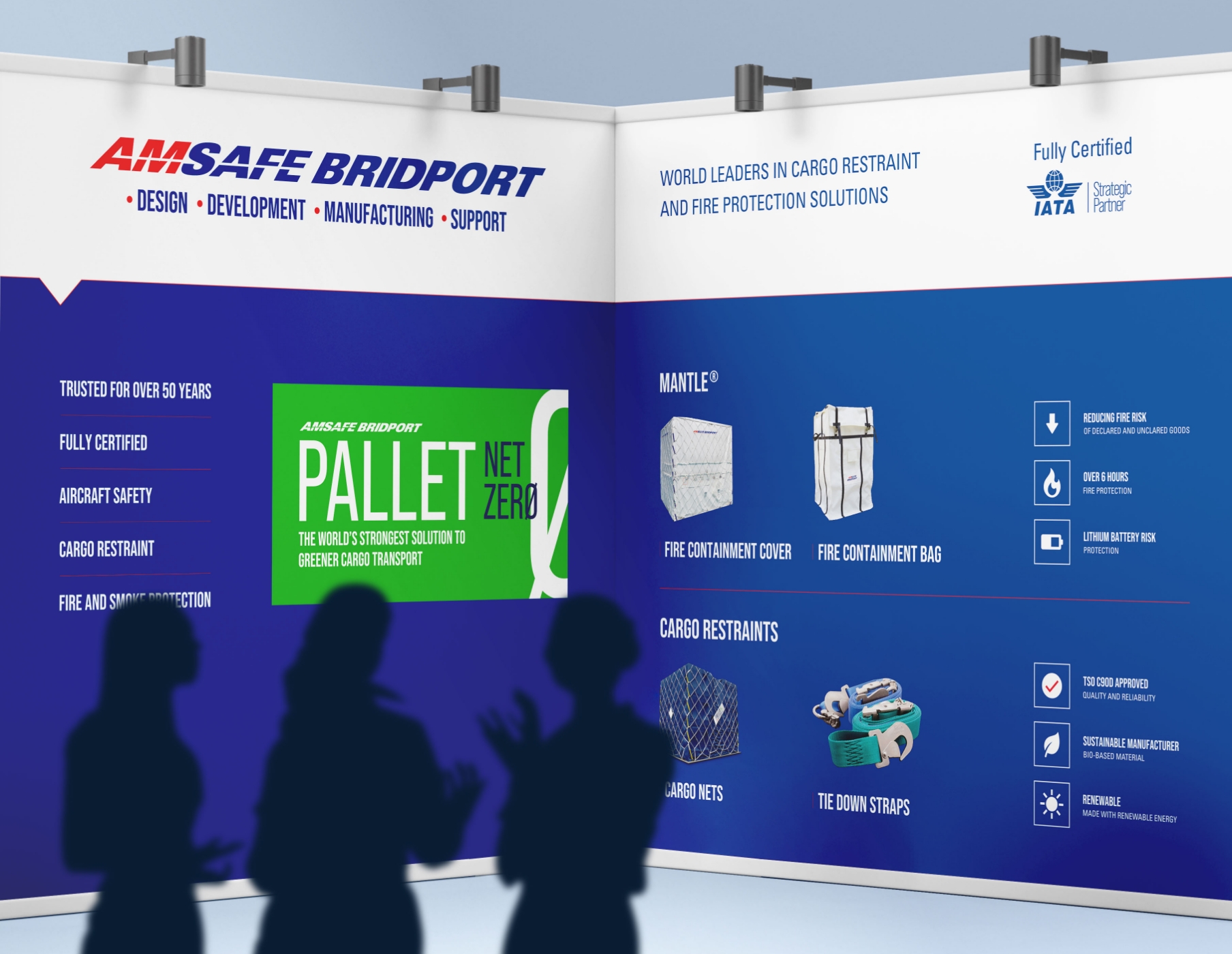 AmSafe aerospace branding featured within a bespoke exhibition stand, combining high-quality graphic application with a refined, professional exhibition stand design.