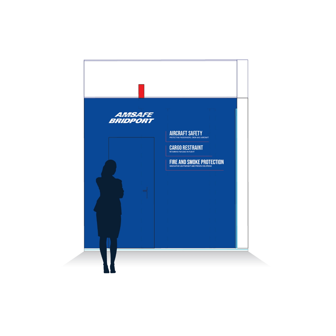 AmSafe meeting room entrance within exhibition stand highlighting modular stand design and functional spatial layout.