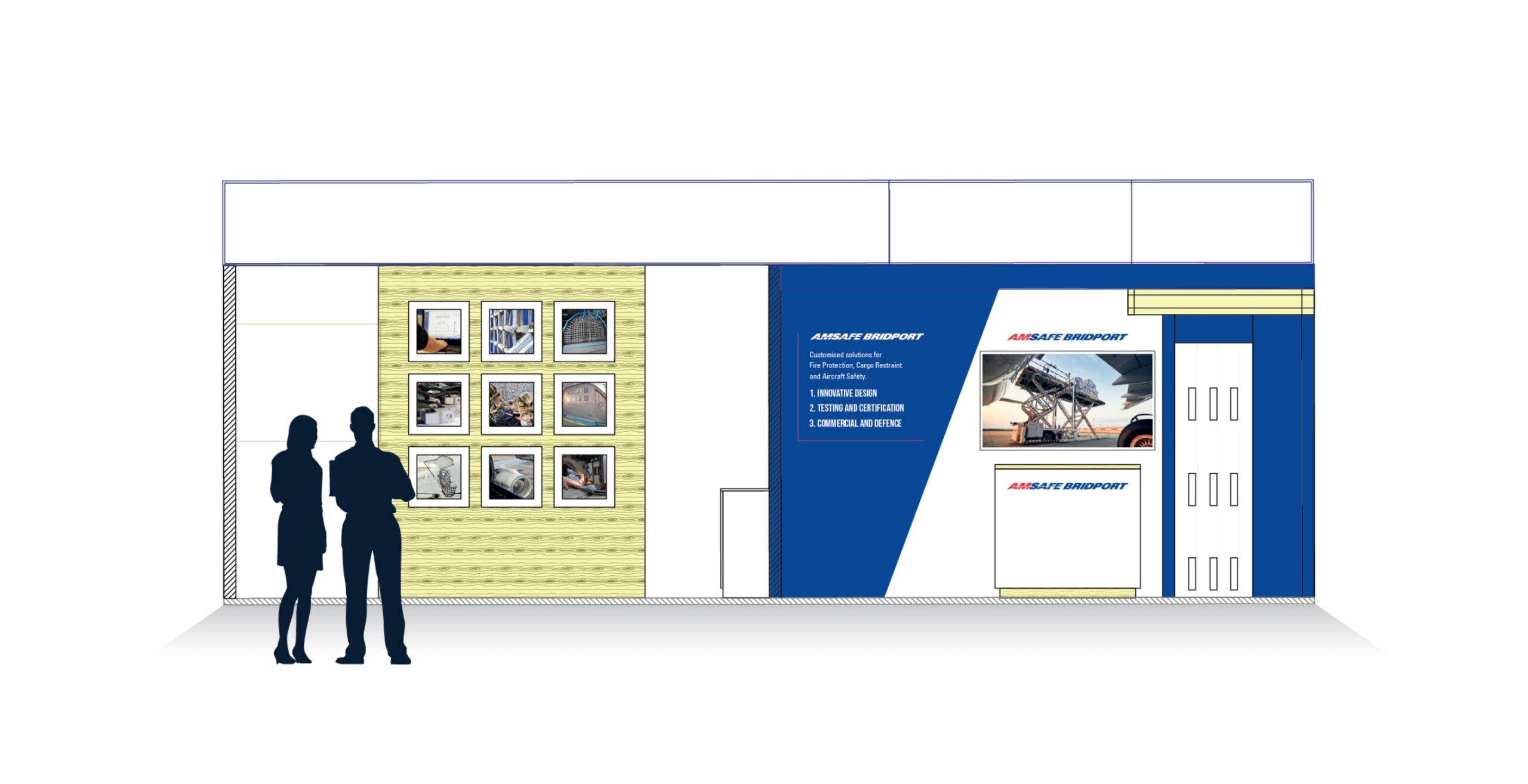 AmSafe meeting room interior design showcasing private exhibition space, modular stand solutions and professional branding.