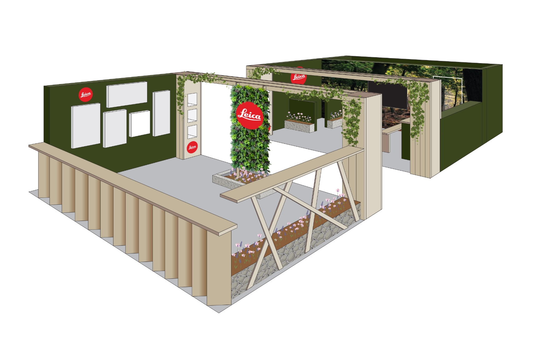 Detail view of gabion planter installations within a Leica bespoke exhibition stand, combining natural textures with contemporary spatial design elements.