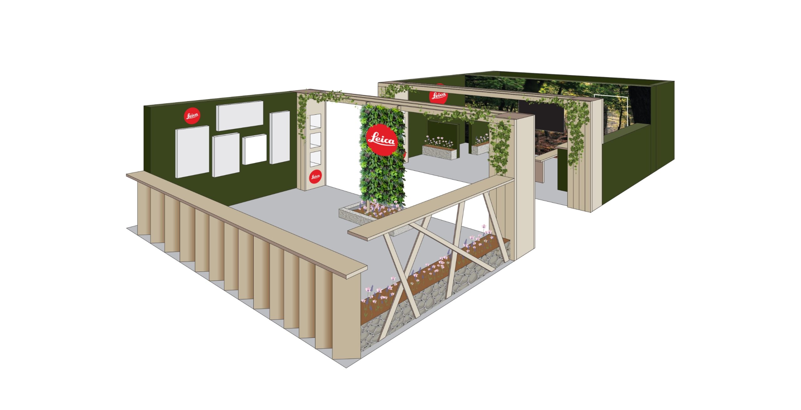 Architectural detail of gabion planters integrated into a Leica exhibition stand design, highlighting material contrast and structural landscaping.