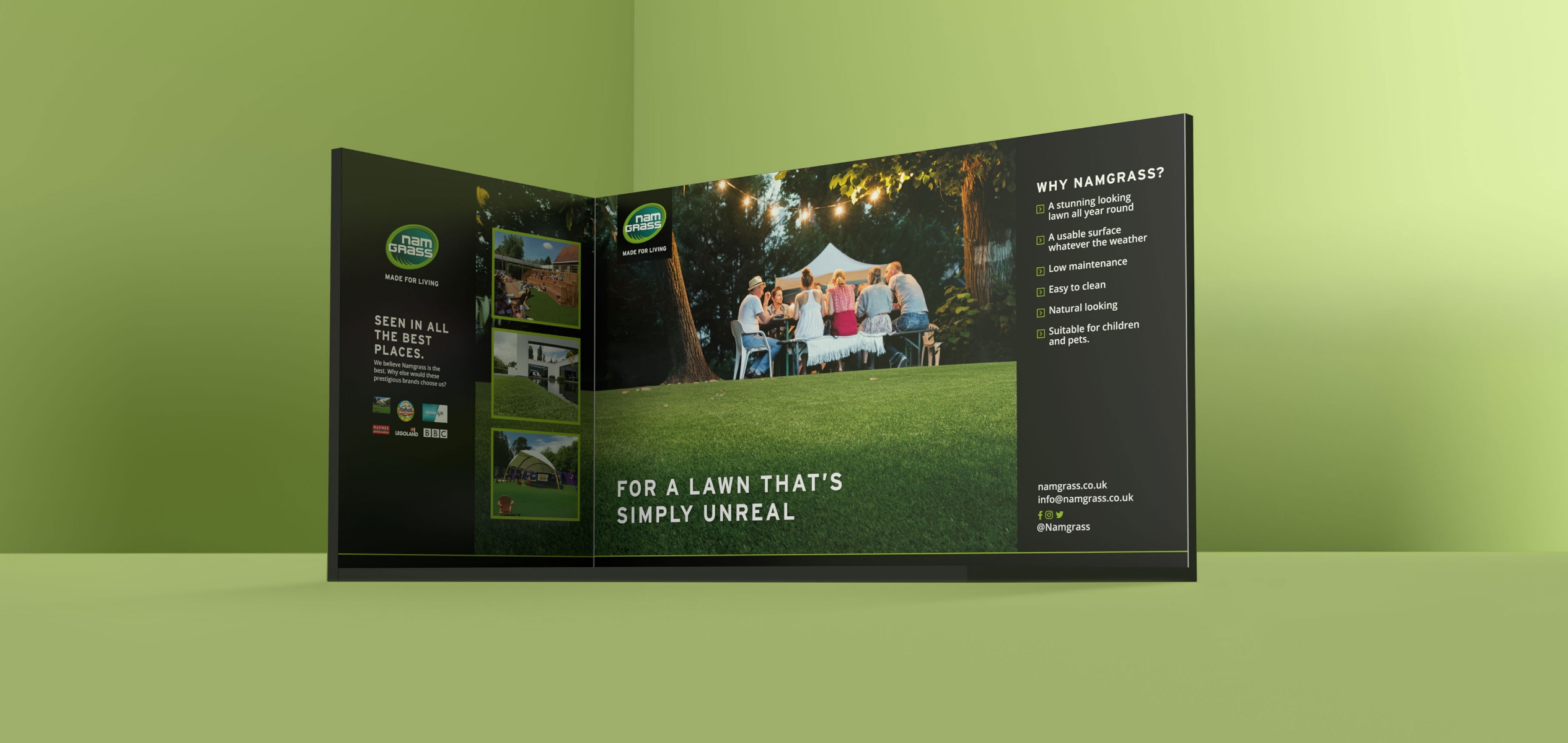 Close-up of Namgrass exhibition stand branding featuring bold graphic identity and clean spatial design for trade show presentation.