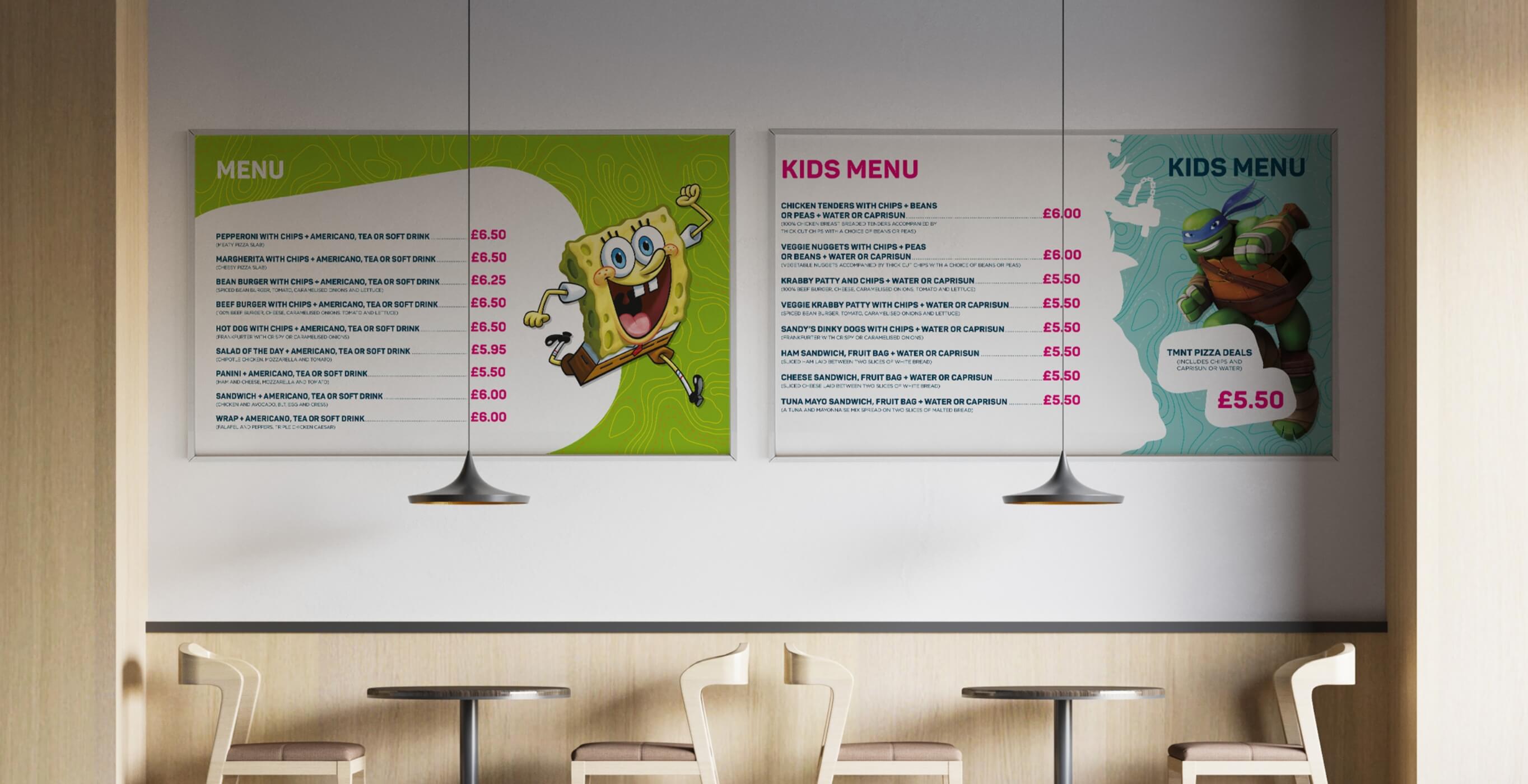 Nickelodeon interior menu design and branded spatial graphics installation