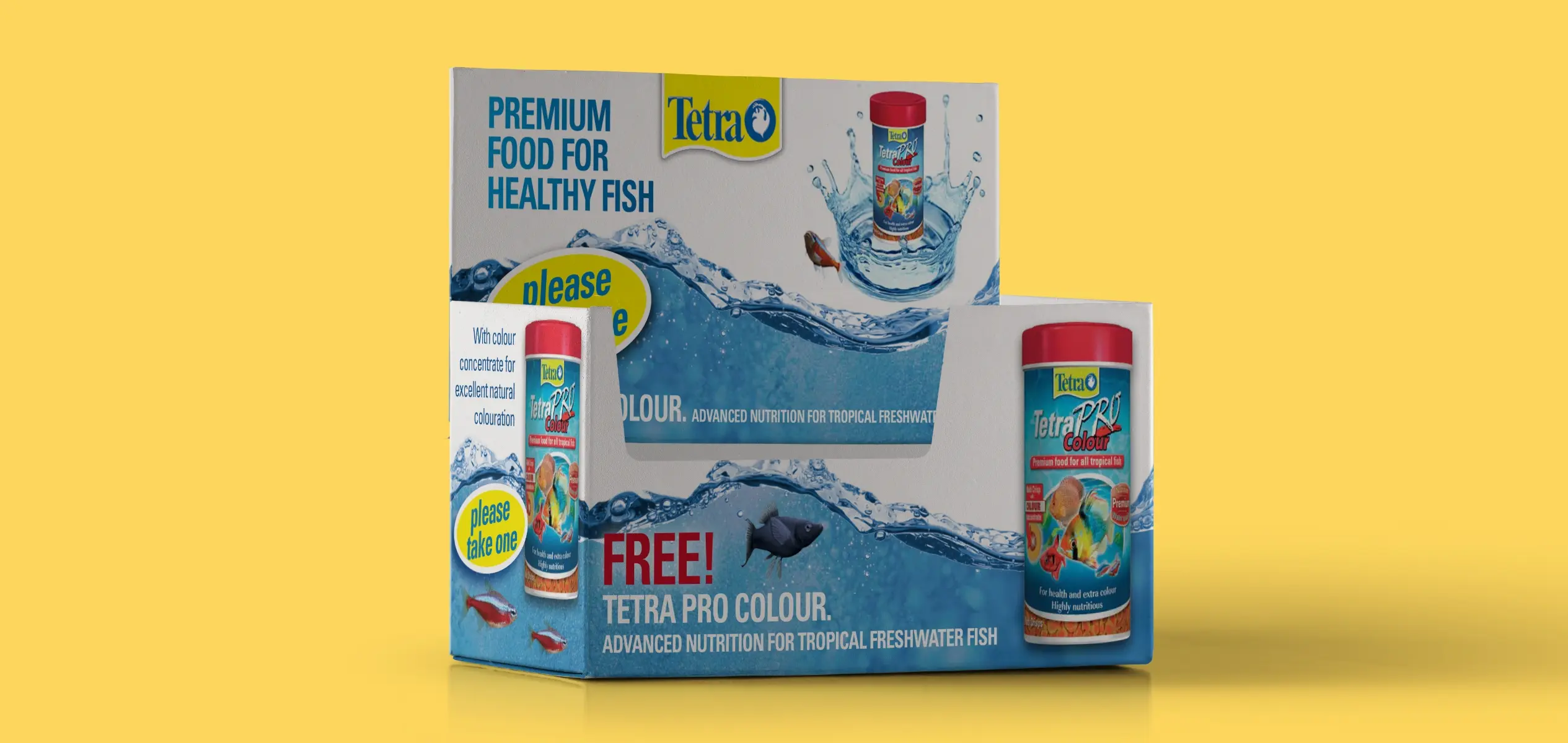 Tetra counter display design highlighting efficient point of sale solutions and bold retail branding for in-store visibility.